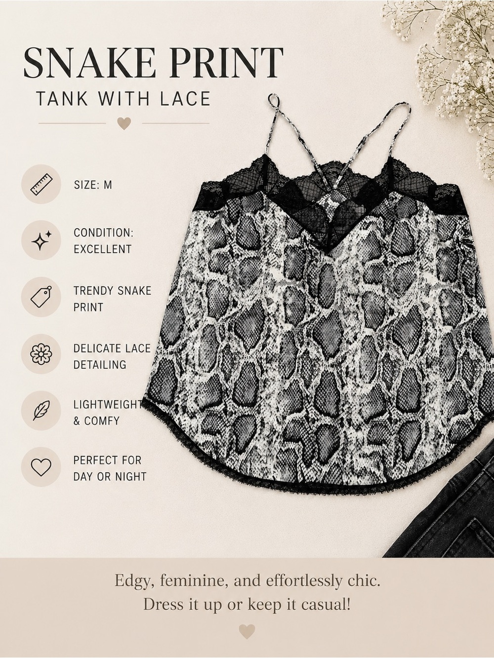 lovestitch Snake Print Lace Trim Tank Top - Black & White